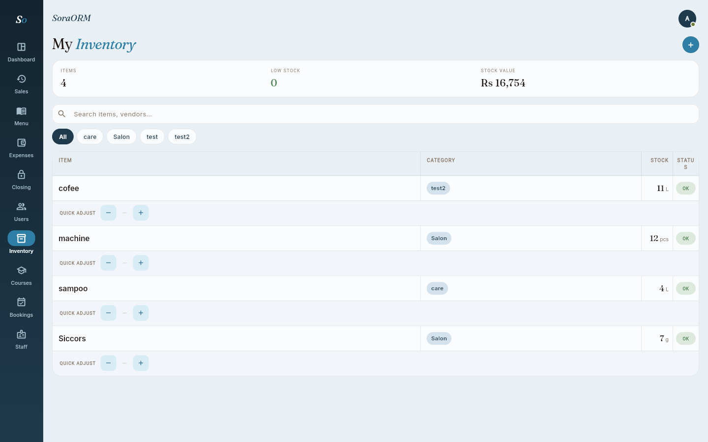 SoraORM inventory screen with product list, quantities, low stock alerts and total stock value