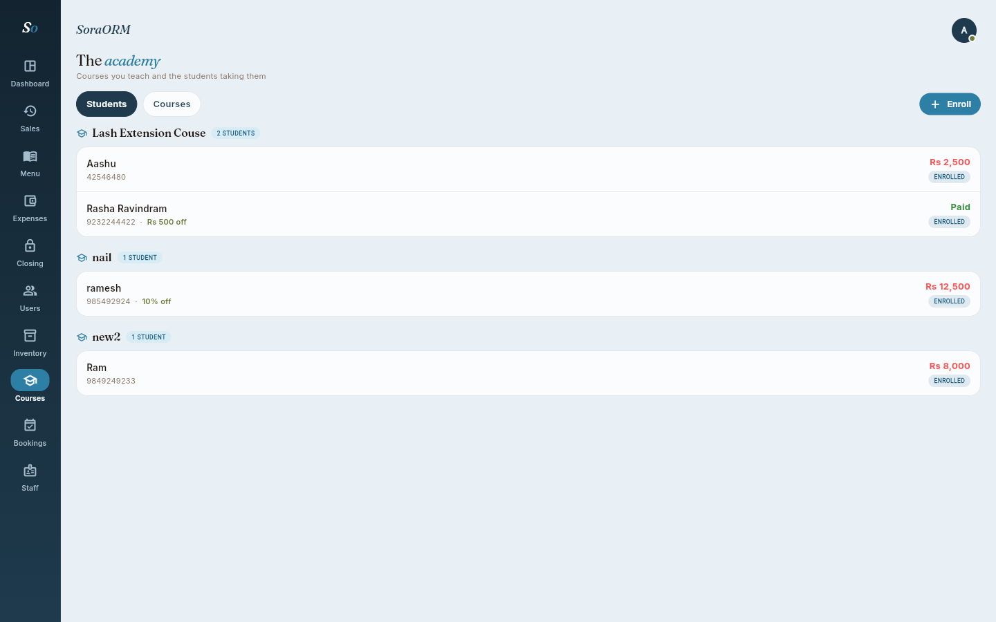 SoraORM course academy showing students grouped by course with discounts, dues, paid amounts and enrollment status