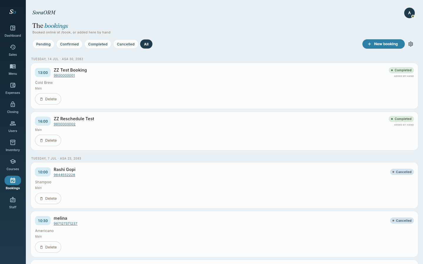 SoraORM bookings board listing online and by-hand appointment requests with pending, confirmed, completed and cancelled statuses