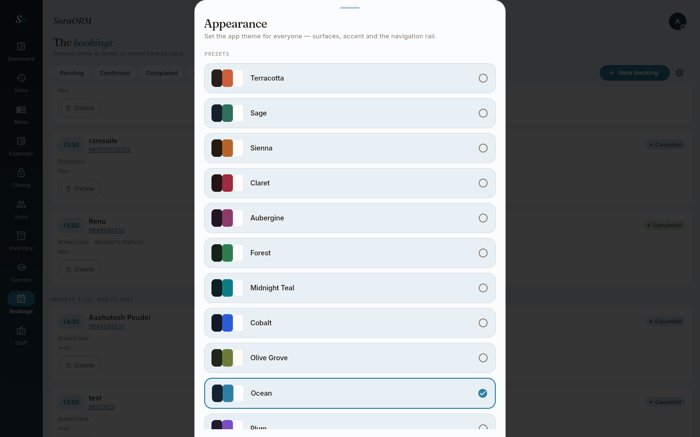 SoraORM admin Appearance panel with selectable color theme presets including Terracotta, Sage, Sienna, Claret, Aubergine, Forest, Midnight Teal, Cobalt, Olive Grove, Ocean and Plum