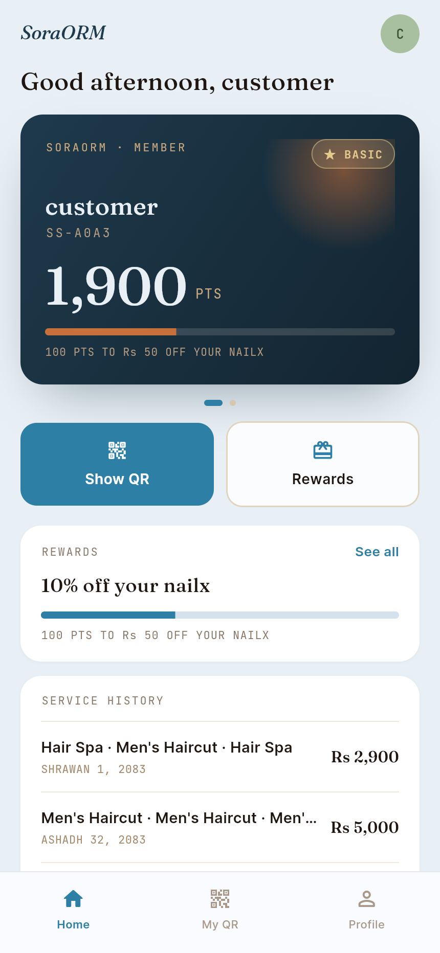 SoraORM client loyalty app showing membership card, points balance, Show QR and Rewards