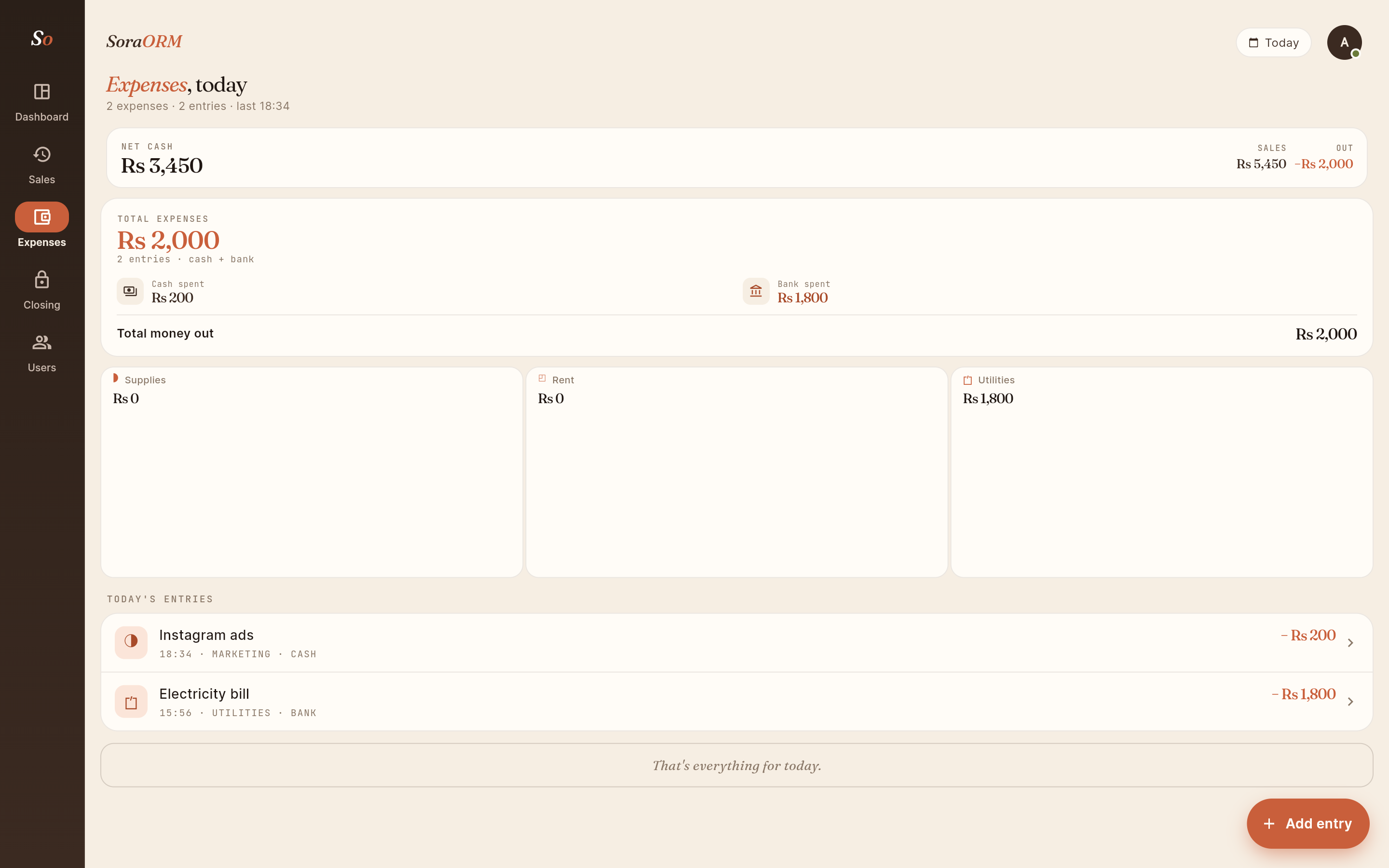 SoraORM daily expenses with categories, cash and bank spend breakdown