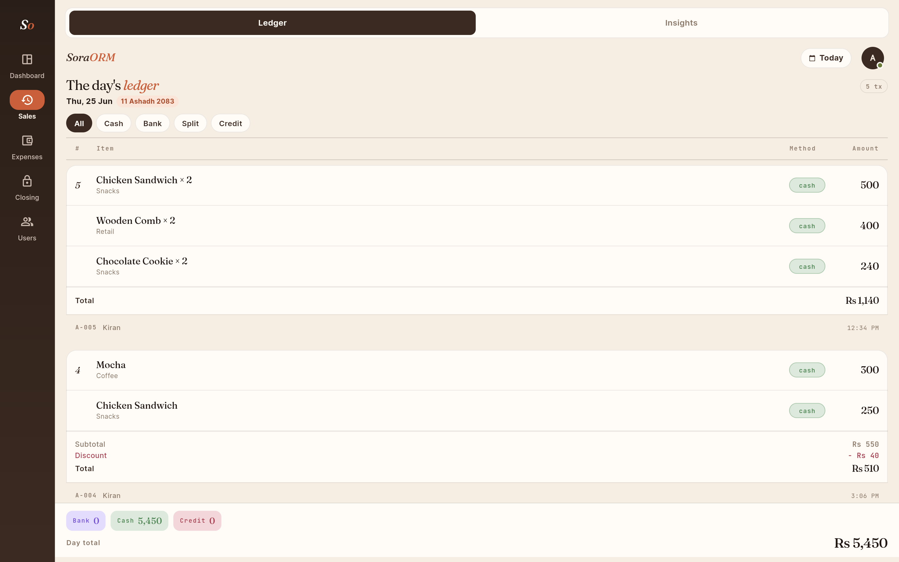 SoraORM daily sales ledger with itemized transactions, payment method and totals