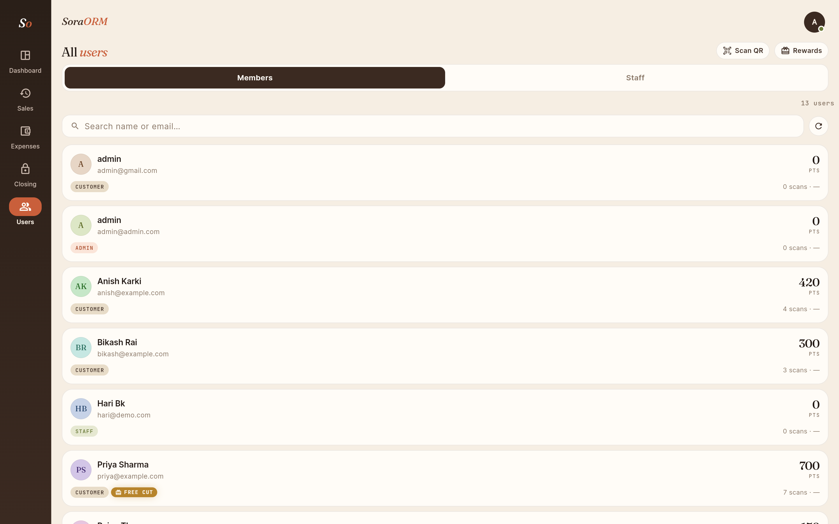 SoraORM users and members admin with search, points and role tags