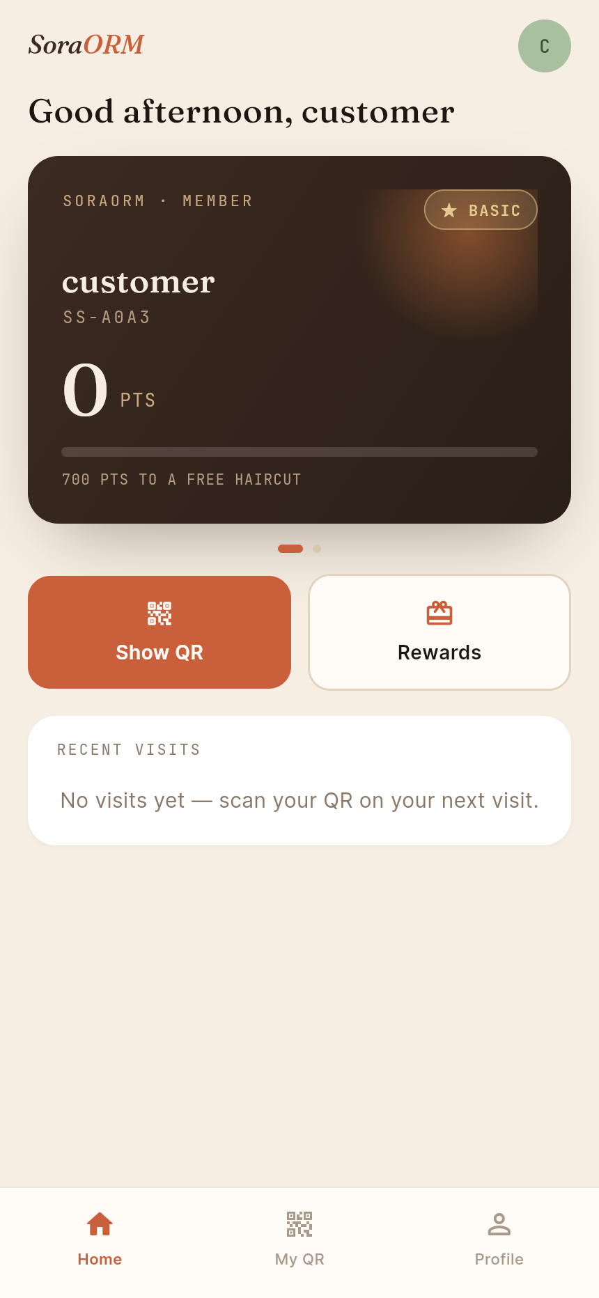 SoraORM customer loyalty app showing membership card, points balance, Show QR and Rewards