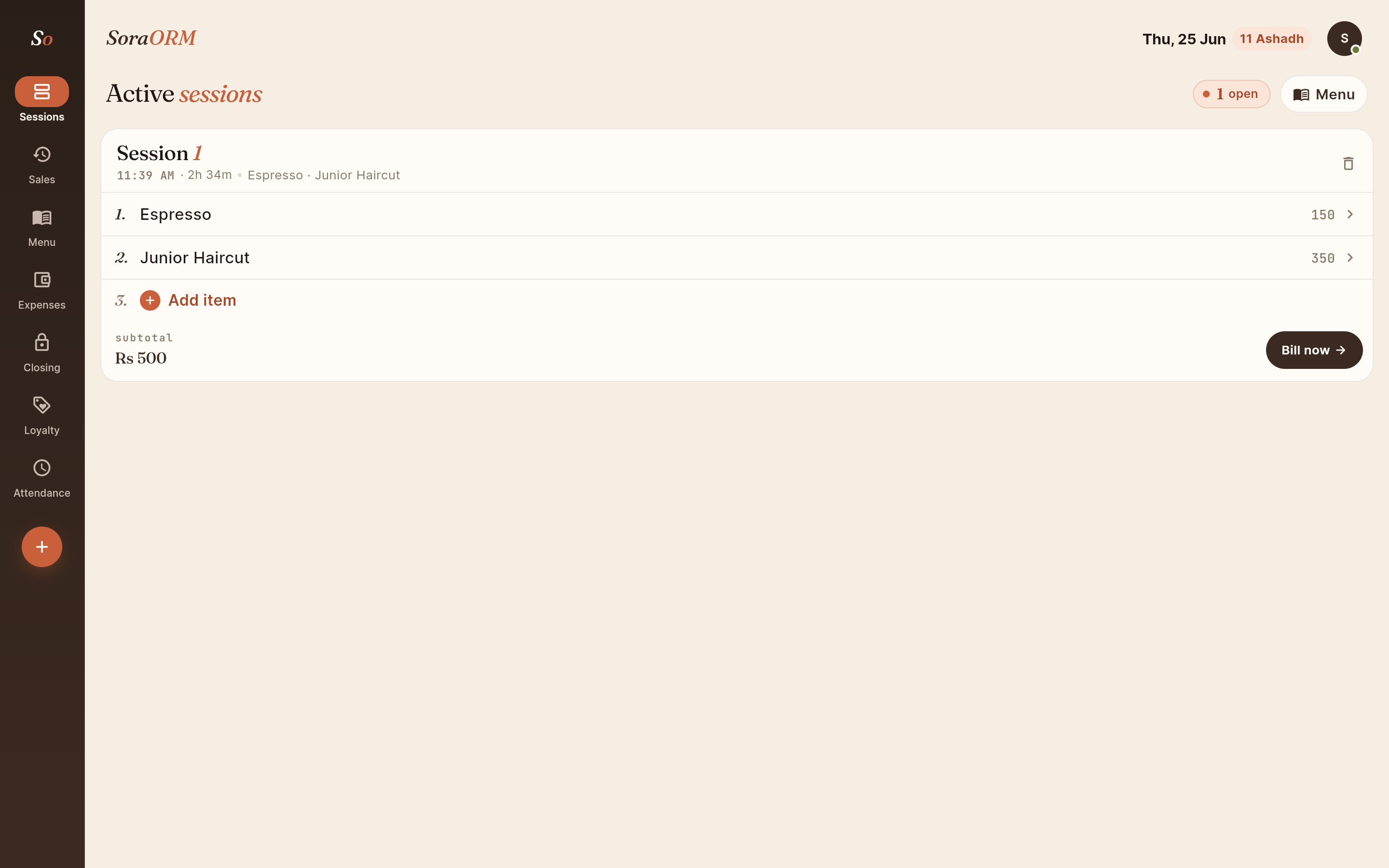SoraORM point-of-sale active session with line items, subtotal and Bill now button