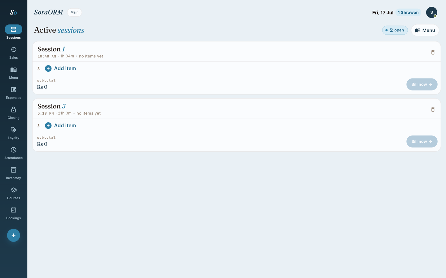 SoraORM front desk billing with live active sessions, subtotal and Bill now button