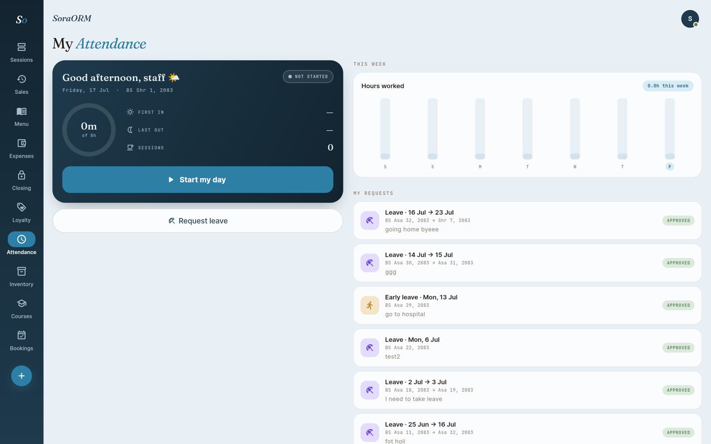 SoraORM staff attendance screen with clock in/out, daily work sessions, weekly hours and leave requests