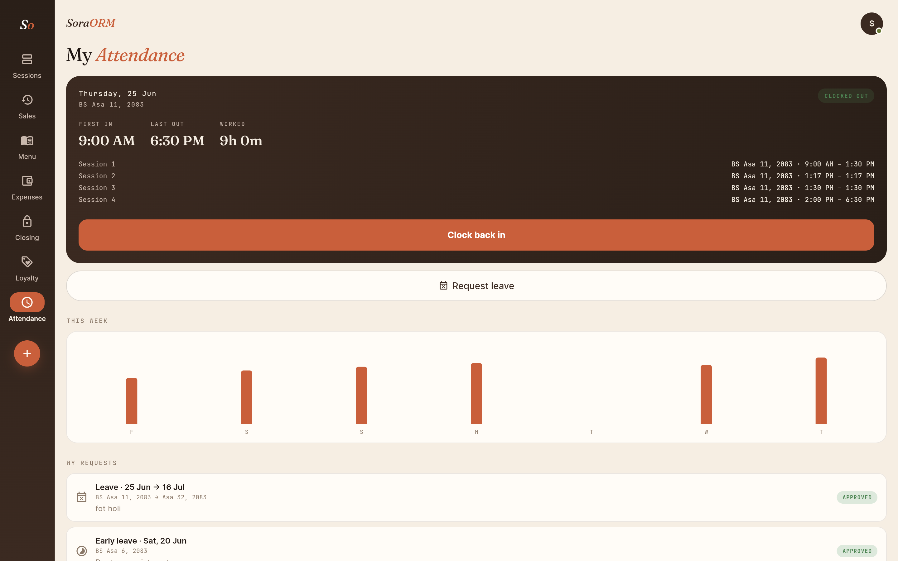 SoraORM staff attendance screen with clock in/out, daily work sessions, weekly hours and leave requests