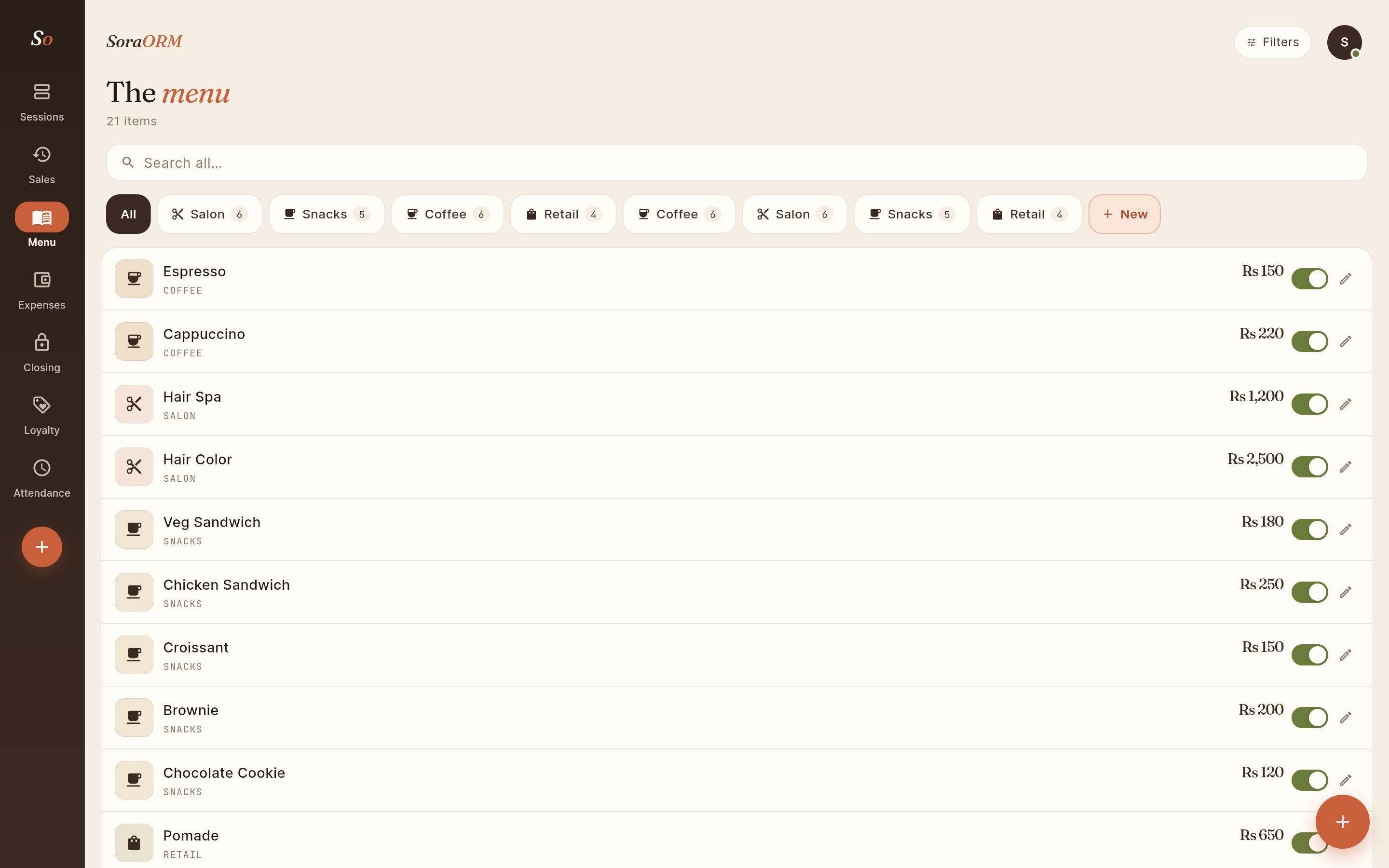 SoraORM menu management with salon services and café items, prices and category filters